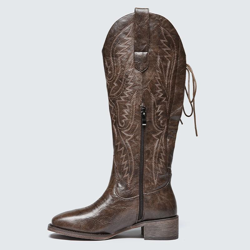 KVONE-Cowboy Boots For Women Knee High Cowgirl Boots,comfortable security footwear,Stylish Western Boots.Side zipper, heel lacing design, convenient for putting on and taking off