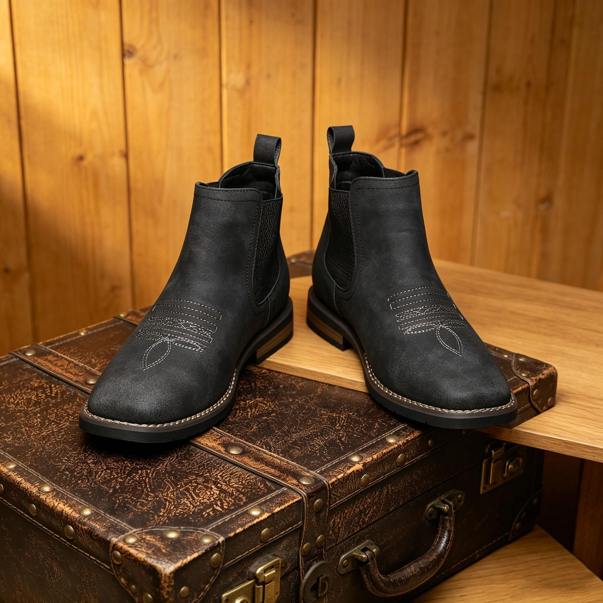 Men’s leather boots; comfortable, safe footwear; square-toe Chelsea ankle boots; Western-style boots; multifunctional men’s Chelsea casual boots; business style; fashion style; versatile style; embroidered men’s Chelsea chukka boots suitable for country w