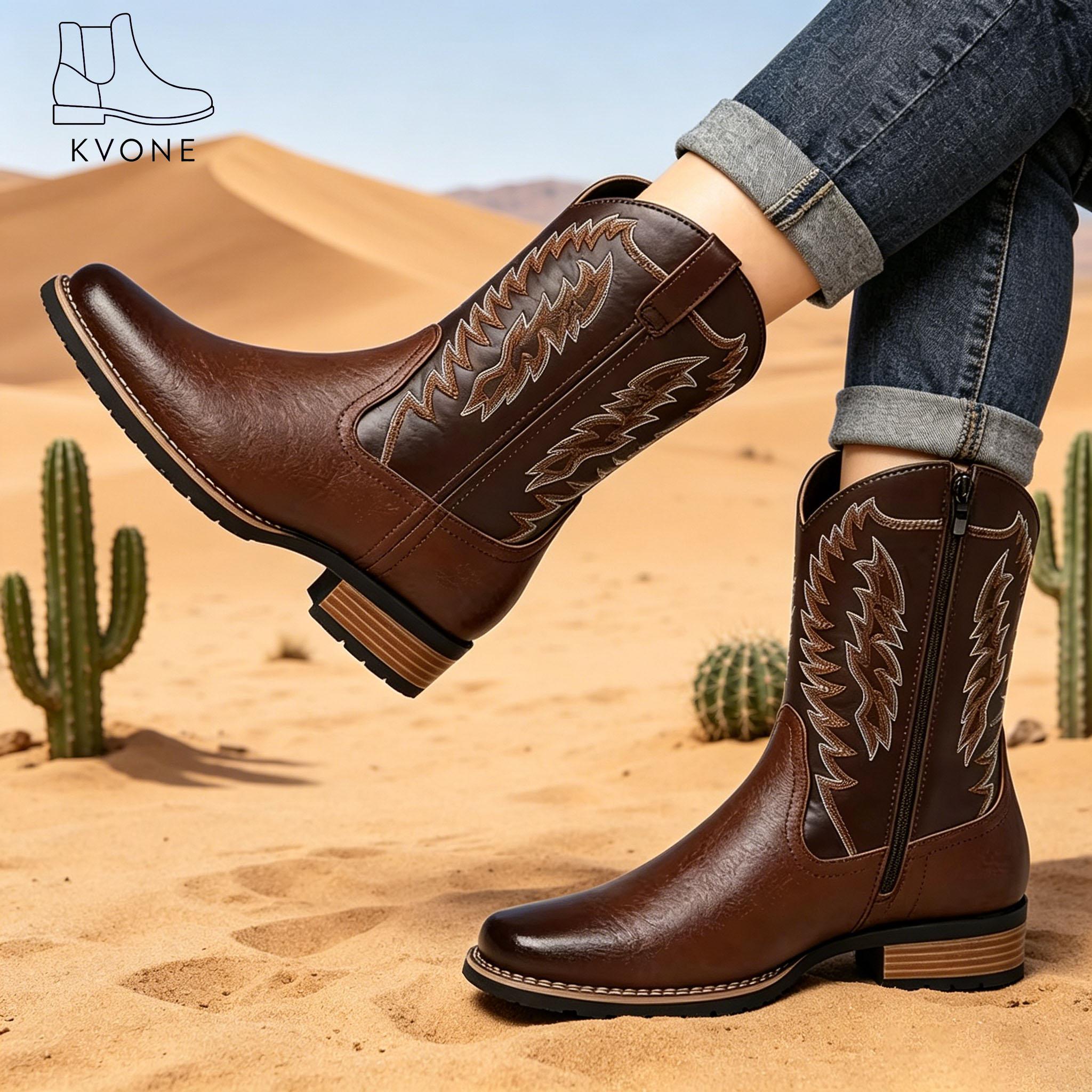 KVONE Men's Fashion Cowboy Boots — men's cowboy boots crafted with Western embroidery techniques, featuring a non-slip pointed toe design, thick sole, and short shaft style. Durable and long-lasting, classic retro style. Men's Shoes botines cowboy boot ou