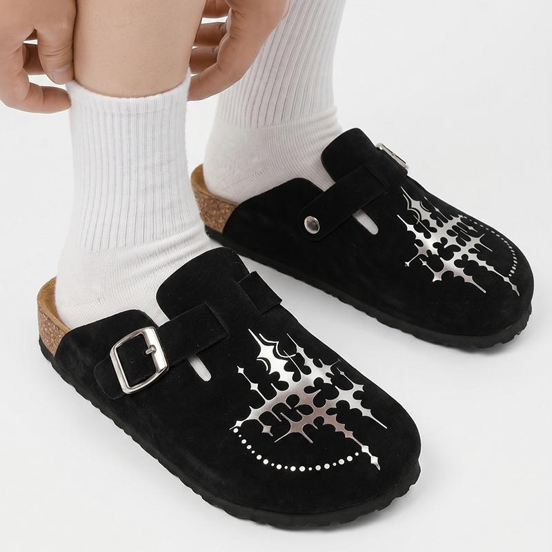 KVONE-Men's and Women's Suede Leather Clogs with Adjustable Strap,arch support flat buckle Mules, Minimalist Slip-On Slippers,House toe shoes,Round Toe Cork Footbed home clog slipper, Star pattern Cross for Streetwear & Daily Wear