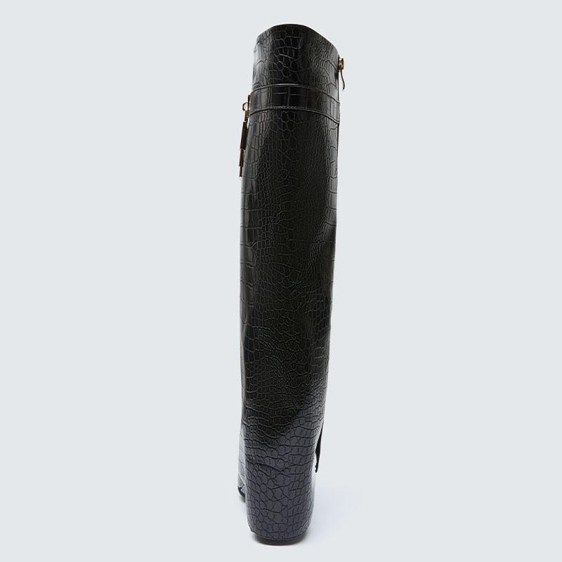 KVONE Women's Knee High Boots, Pointed Toe Stiletto with Slouchy Fold Over Design, Croc Embossed Statement Footwear for Bridal Party Wear, Statement Shoes, Pendant, Elegant, Plain, Graduations