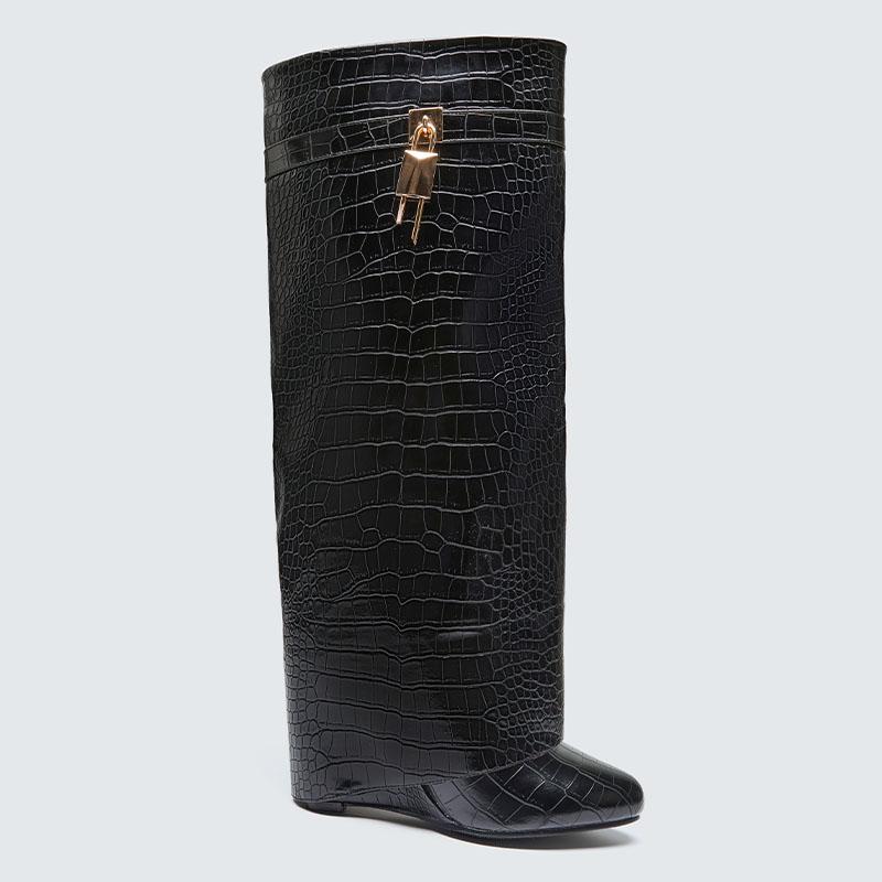 KVONE Women's Knee High Boots, Pointed Toe Stiletto with Slouchy Fold Over Design, Croc Embossed Statement Footwear for Bridal Party Wear, Statement Shoes, Pendant, Elegant, Plain, Graduations