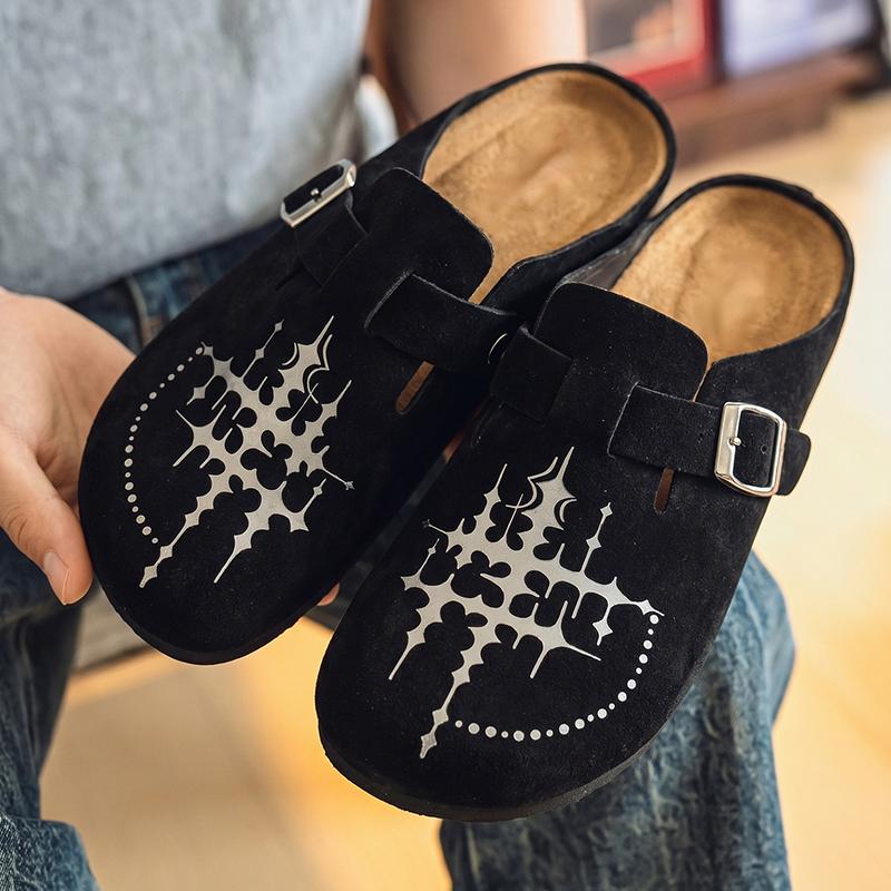 KVONE-Men's and Women's Suede Leather Clogs with Adjustable Strap,arch support flat buckle Mules, Minimalist Slip-On Slippers,House toe shoes,Round Toe Cork Footbed home clog slipper, Star pattern Cross for Streetwear & Daily Wear