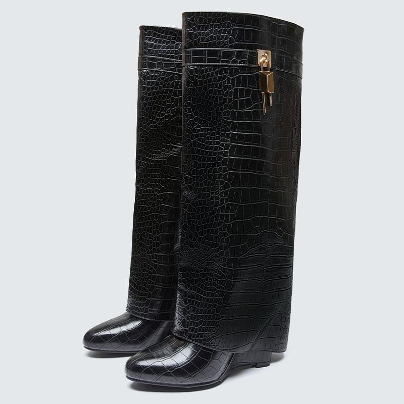 KVONE Women's Knee High Boots, Pointed Toe Stiletto with Slouchy Fold Over Design, Croc Embossed Statement Footwear for Bridal Party Wear, Statement Shoes, Pendant, Elegant, Plain, Graduations