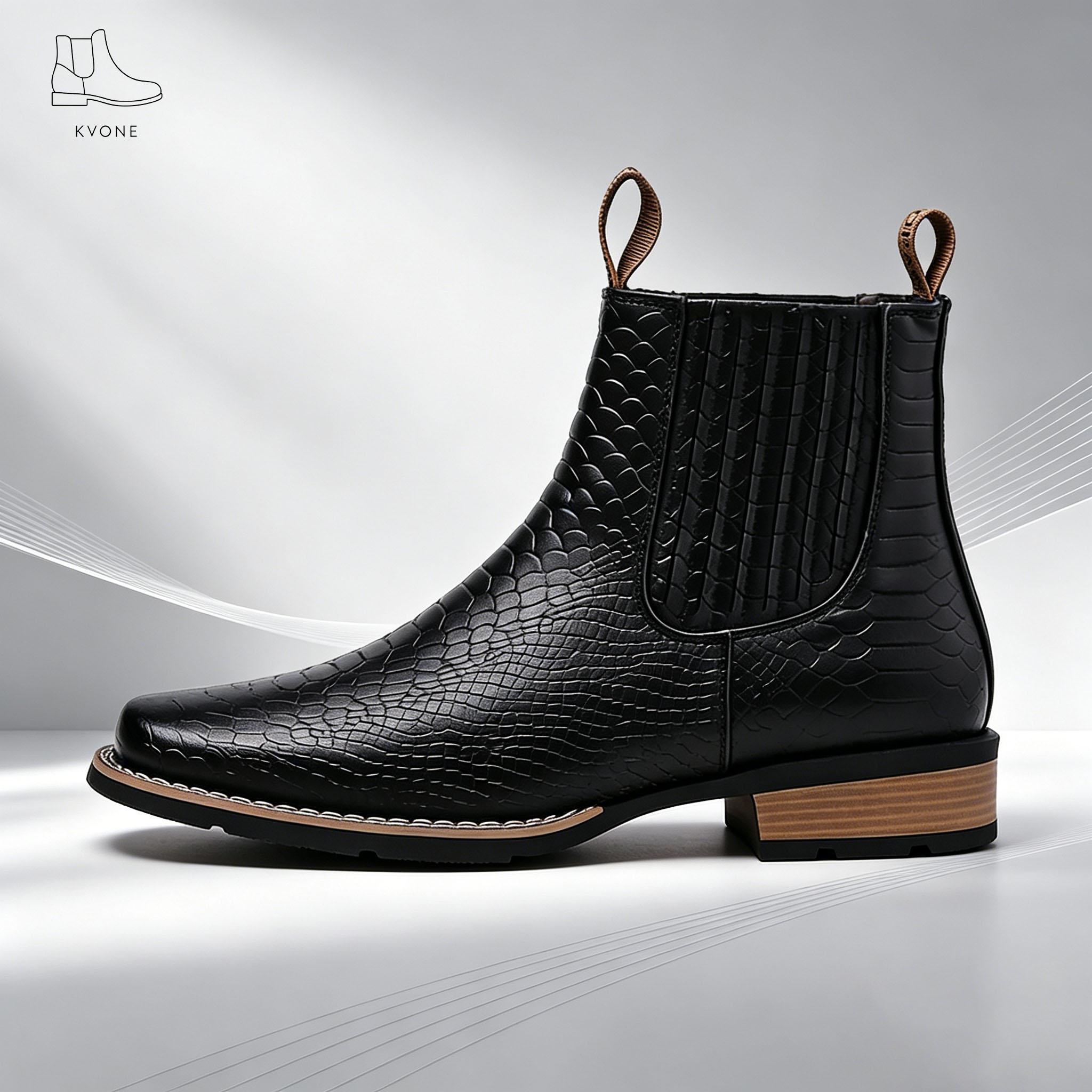 Men’s retro embossed crocodile Chelsea boots with wooden heel—business casual shoes suitable for all seasons, made from embossed crocodile leather; summer square-toe Chelsea boots and Western cowboy boots. Lightweight boots,botas para hombre