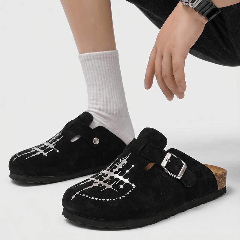 KVONE-Men's and Women's Suede Leather Clogs with Adjustable Strap,arch support flat buckle Mules, Minimalist Slip-On Slippers,House toe shoes,Round Toe Cork Footbed home clog slipper, Star pattern Cross for Streetwear & Daily Wear