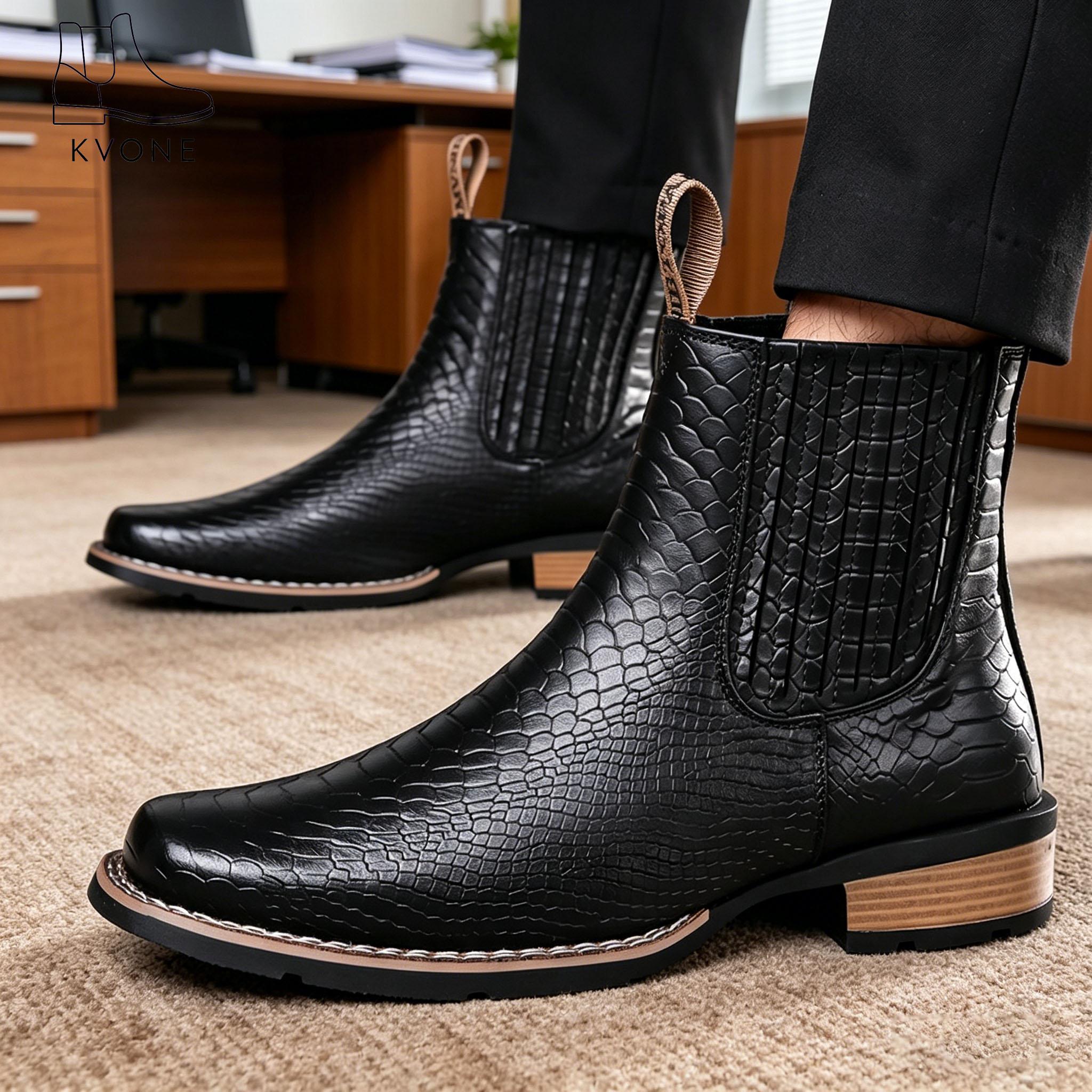 Men’s retro embossed crocodile Chelsea boots with wooden heel—business casual shoes suitable for all seasons, made from embossed crocodile leather; summer square-toe Chelsea boots and Western cowboy boots. Lightweight boots,botas para hombre