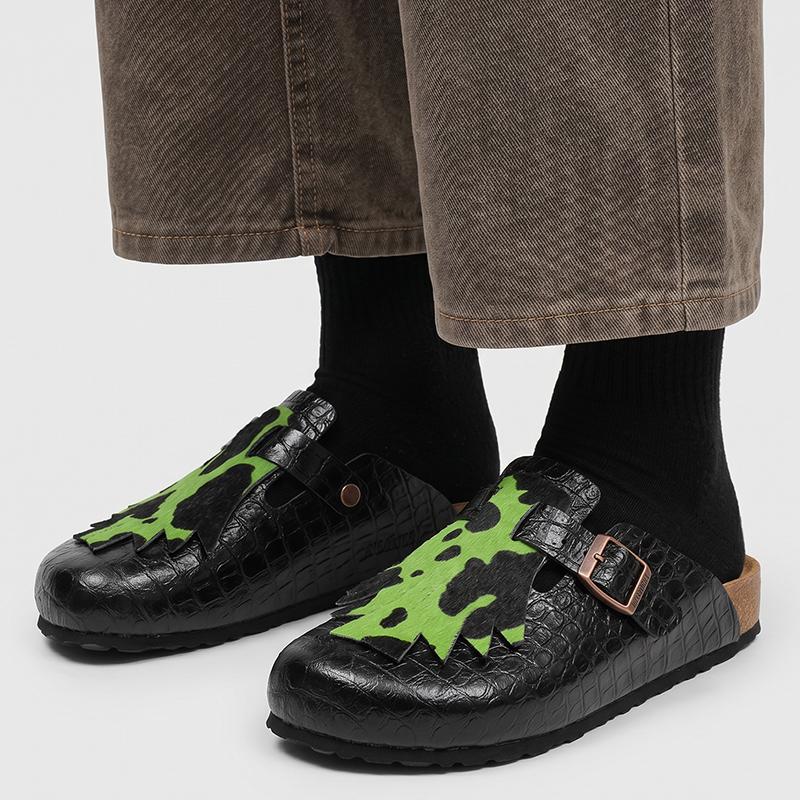 KVONE Clogs for Men, Elegant Crocodile Pattern Slip On Mules with Arch Support, Casual Summer Walking Shoes with Adjustable Strap, Footwear, Design, Buckle, Wooden, Round Toe, Pu Leather, Flat Heel