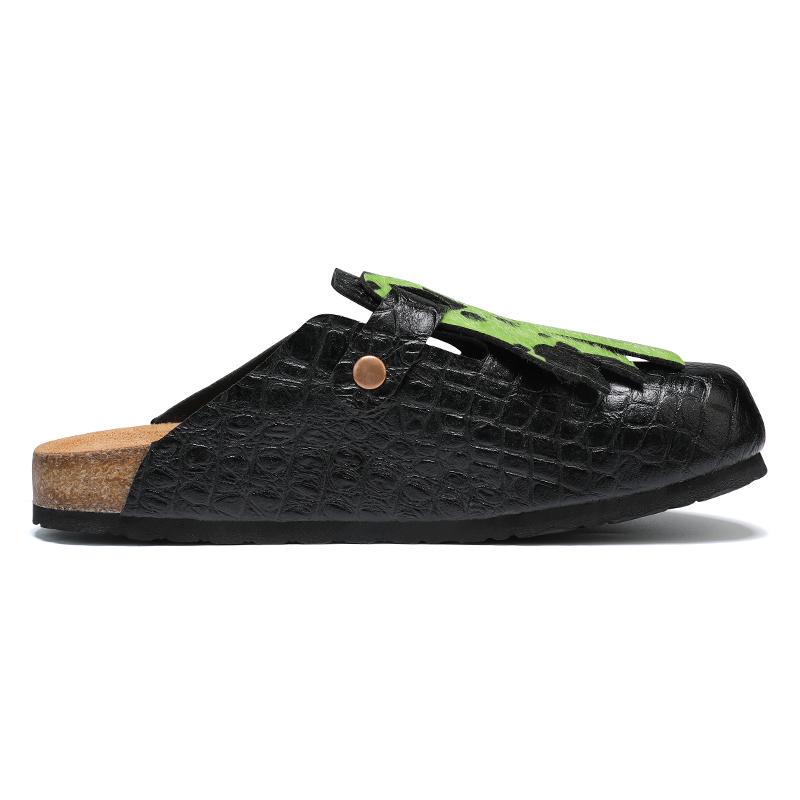 KVONE Clogs for Men, Elegant Crocodile Pattern Slip On Mules with Arch Support, Casual Summer Walking Shoes with Adjustable Strap, Footwear, Design, Buckle, Wooden, Round Toe, Pu Leather, Flat Heel
