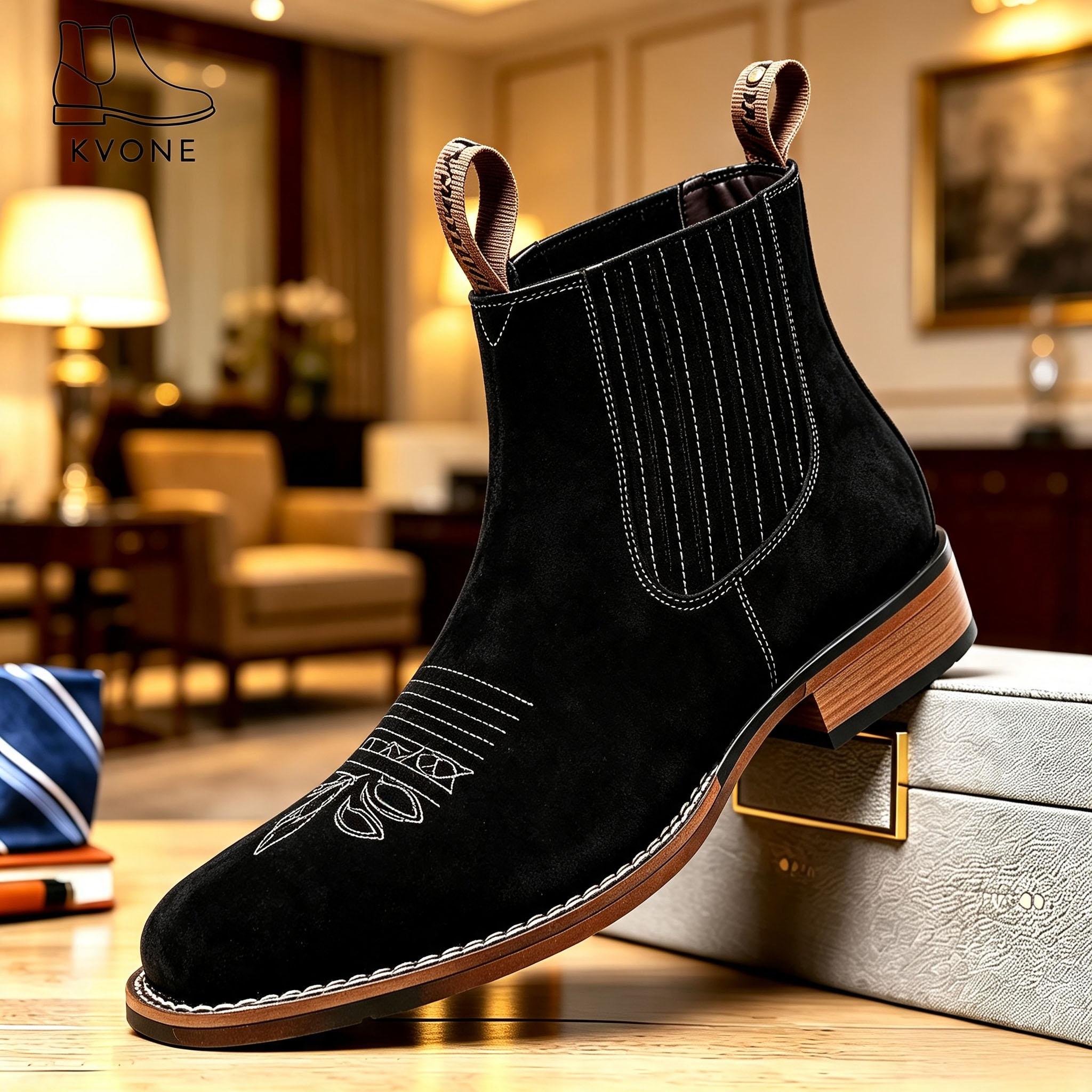 Men’s ankle boots – fashionable Chelsea style, square toe, embroidered, street style, black, short boots, British Retro Leather Boots, Versatile for Various Occasions,comfortable security footwear, outdoor casual closed-toe style Walking Shoes