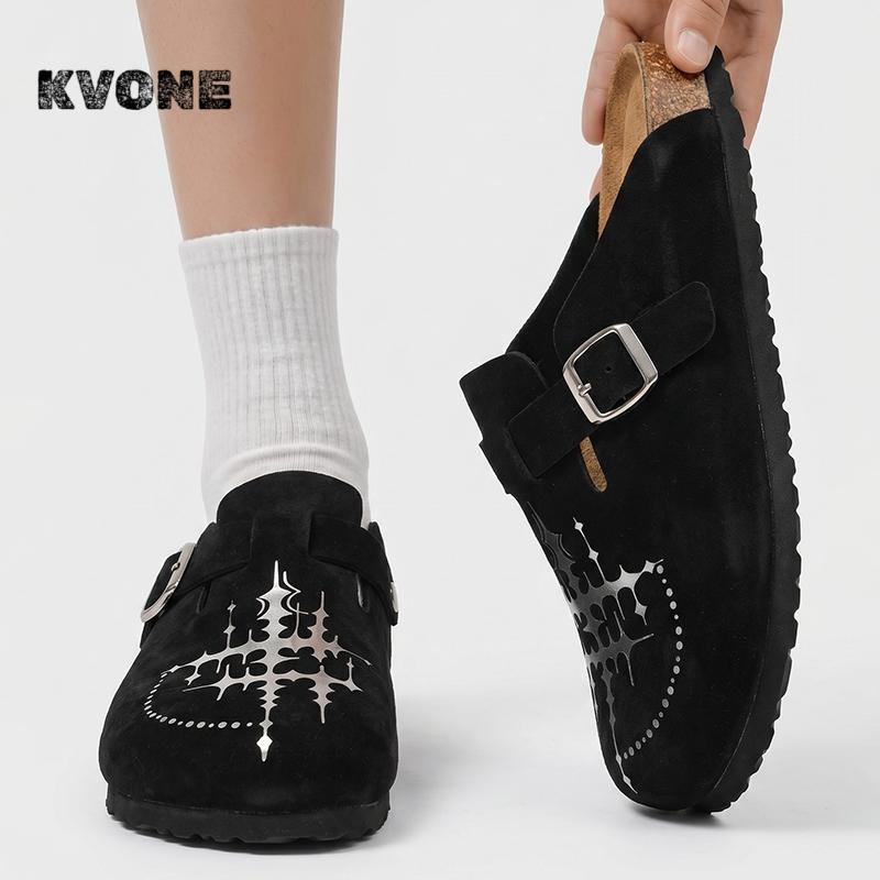 KVONE-Men's and Women's Suede Leather Clogs with Adjustable Strap,arch support flat buckle Mules, Minimalist Slip-On Slippers,House toe shoes,Round Toe Cork Footbed home clog slipper, Star pattern Cross for Streetwear & Daily Wear