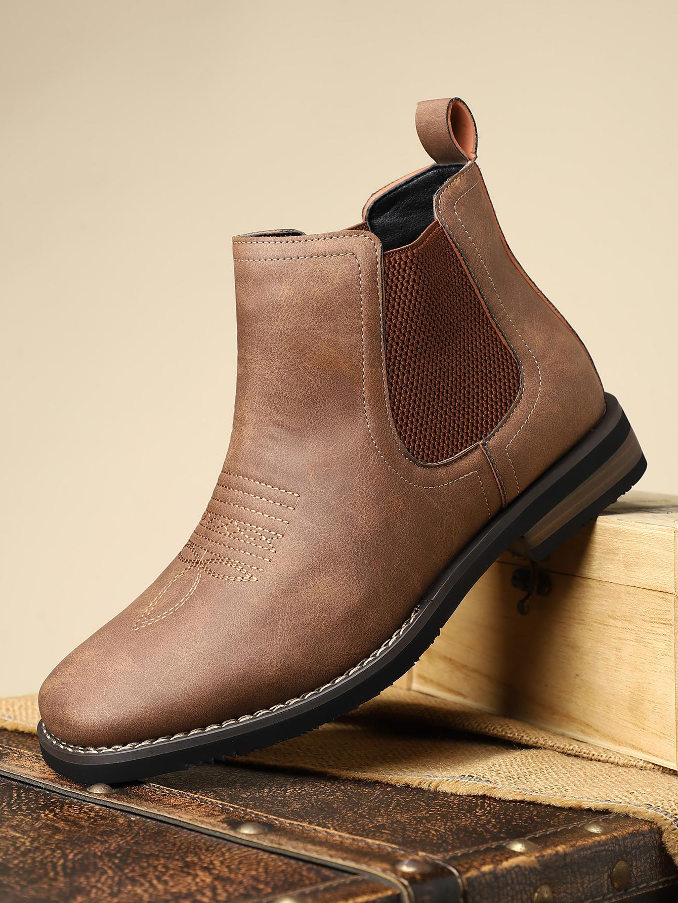 Men’s leather boots; comfortable, safe footwear; square-toe Chelsea ankle boots; Western-style boots; multifunctional men’s Chelsea casual boots; business style; fashion style; versatile style; embroidered men’s Chelsea chukka boots suitable for country w