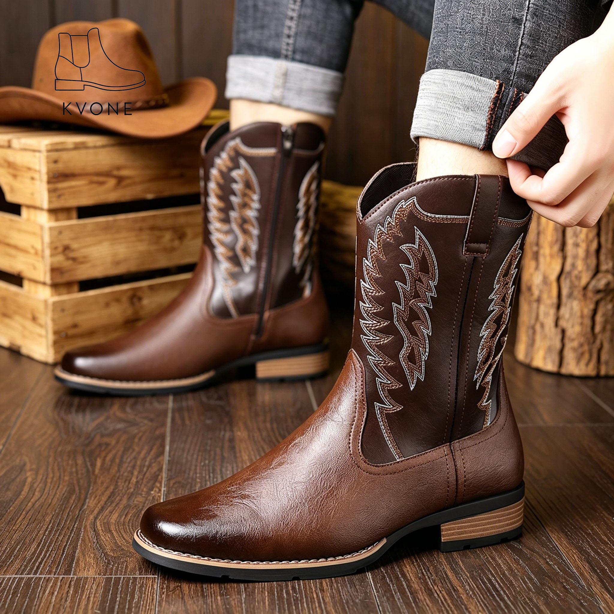 KVONE Men's Fashion Cowboy Boots — men's cowboy boots crafted with Western embroidery techniques, featuring a non-slip pointed toe design, thick sole, and short shaft style. Durable and long-lasting, classic retro style. Men's Shoes botines cowboy boot ou