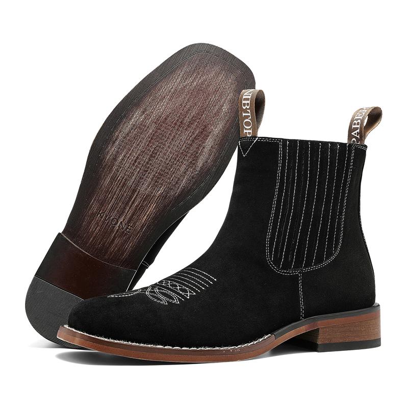 Men’s ankle boots – fashionable Chelsea style, square toe, embroidered, street style, black, short boots, British Retro Leather Boots, Versatile for Various Occasions,comfortable security footwear, outdoor casual closed-toe style Walking Shoes