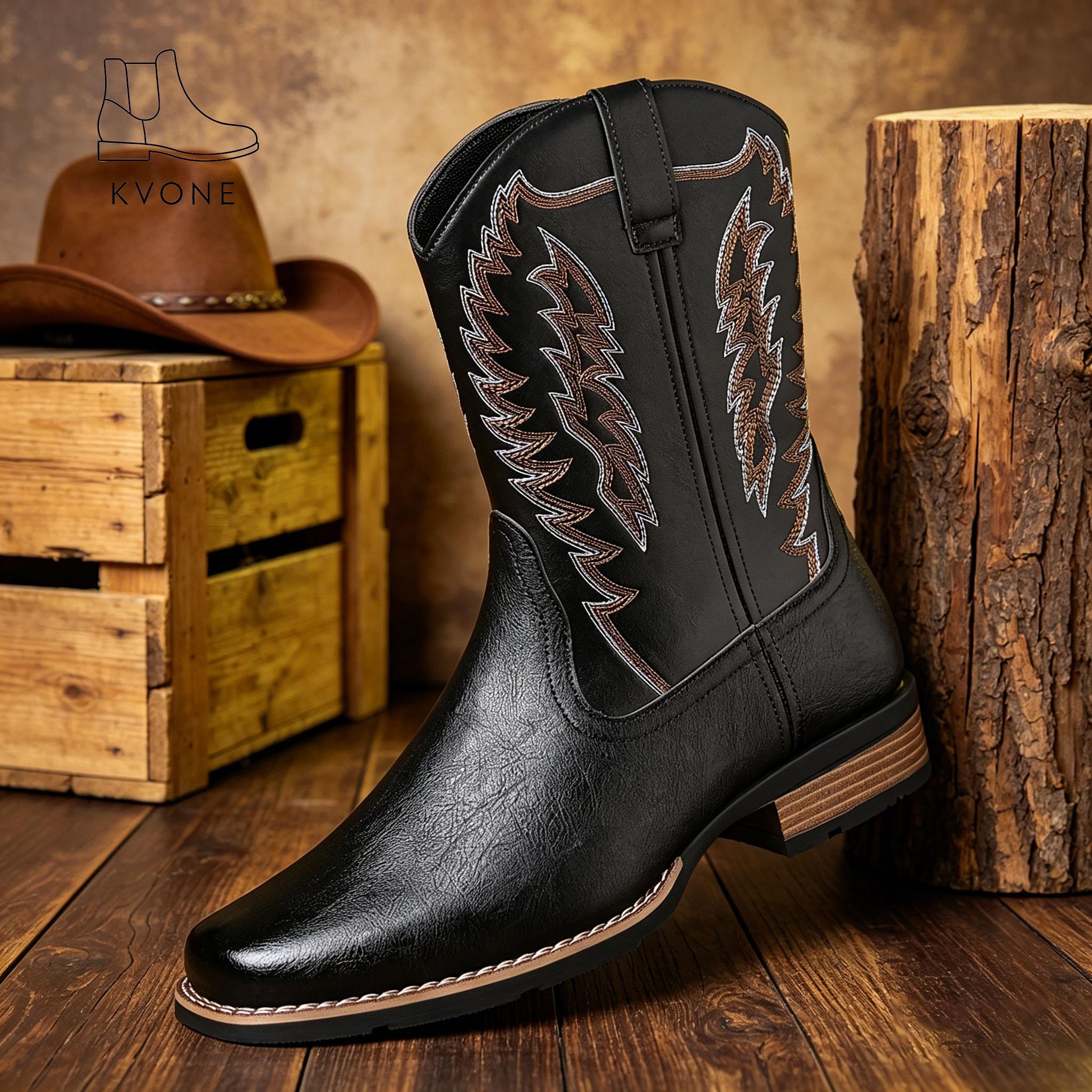 KVONE Men's Fashion Cowboy Boots — men's cowboy boots crafted with Western embroidery techniques, featuring a non-slip pointed toe design, thick sole, and short shaft style. Durable and long-lasting, classic retro style. Men's Shoes botines cowboy boot ou