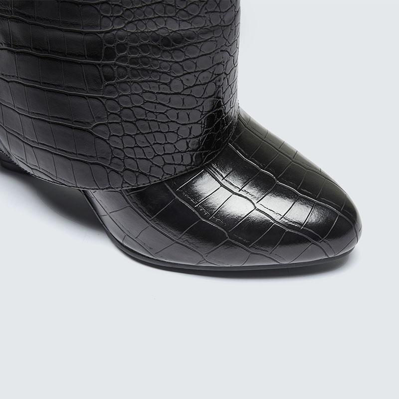 KVONE Women's Knee High Boots, Pointed Toe Stiletto with Slouchy Fold Over Design, Croc Embossed Statement Footwear for Bridal Party Wear, Statement Shoes, Pendant, Elegant, Plain, Graduations