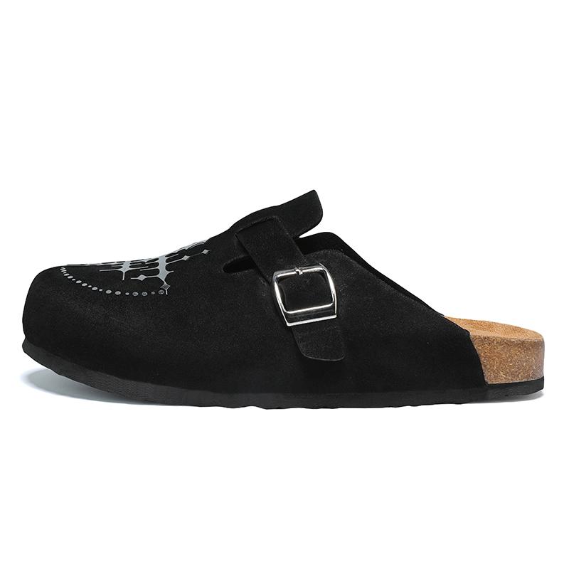 KVONE-Men's and Women's Suede Leather Clogs with Adjustable Strap,arch support flat buckle Mules, Minimalist Slip-On Slippers,House toe shoes,Round Toe Cork Footbed home clog slipper, Star pattern Cross for Streetwear & Daily Wear