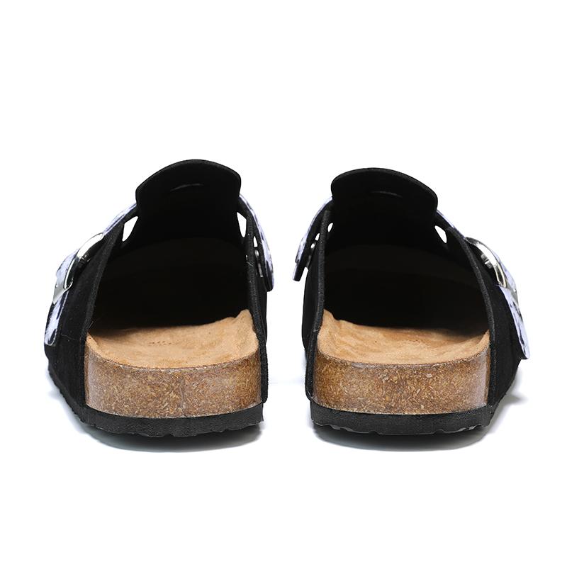 KVONE-Men's and Women's Suede Leather Clogs with Adjustable Strap,arch support flat buckle Mules, Minimalist Slip-On Slippers,House toe shoes,Round Toe Cork Footbed home clog slipper, Star pattern Cross for Streetwear & Daily Wear