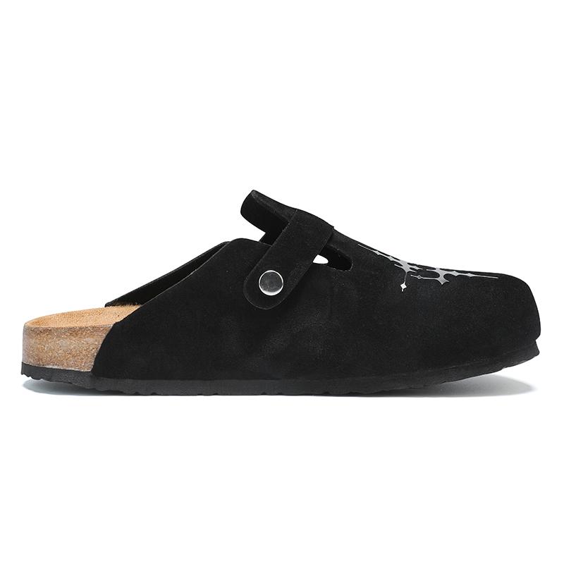 KVONE-Men's and Women's Suede Leather Clogs with Adjustable Strap,arch support flat buckle Mules, Minimalist Slip-On Slippers,House toe shoes,Round Toe Cork Footbed home clog slipper, Star pattern Cross for Streetwear & Daily Wear