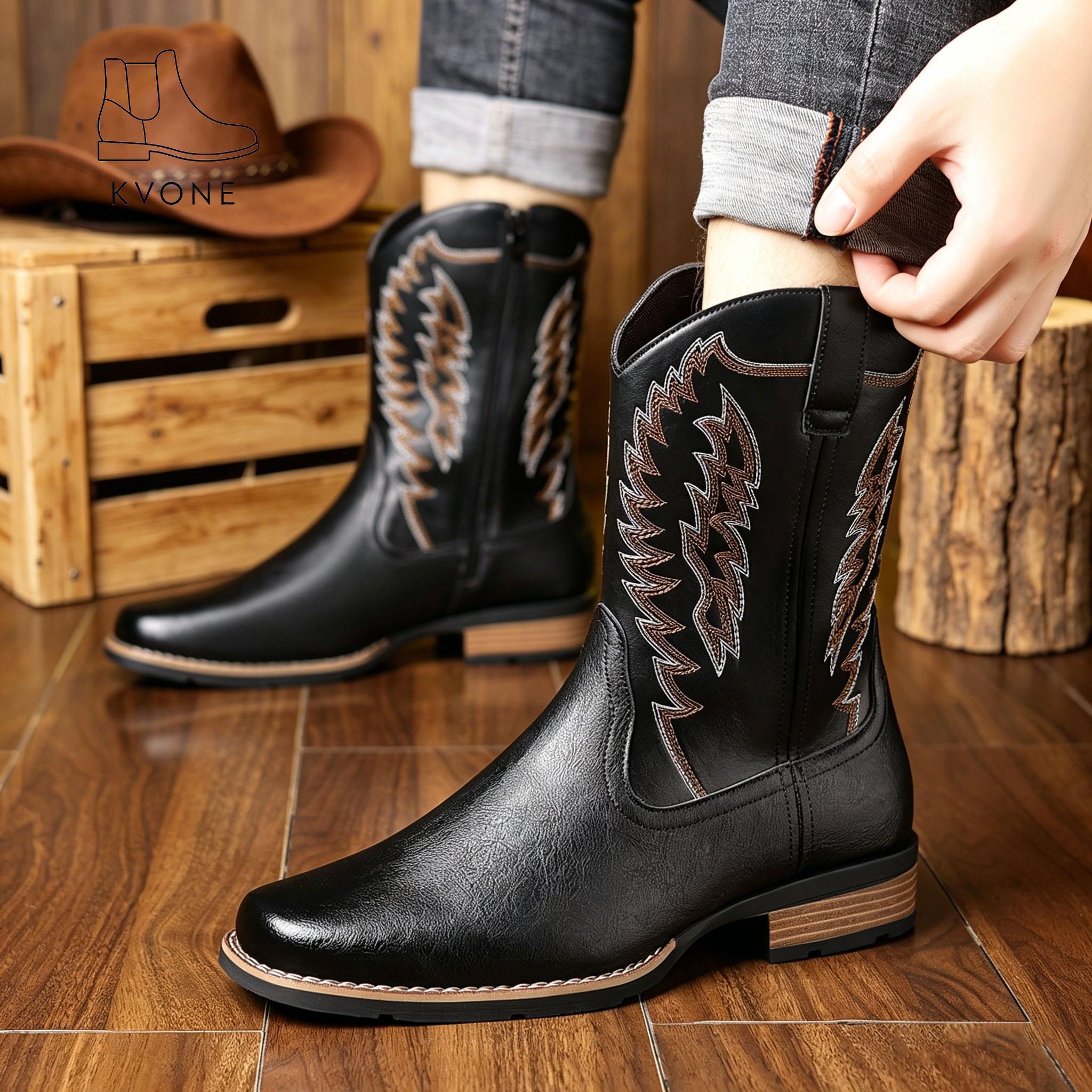 KVONE Men's Fashion Cowboy Boots — men's cowboy boots crafted with Western embroidery techniques, featuring a non-slip pointed toe design, thick sole, and short shaft style. Durable and long-lasting, classic retro style. Men's Shoes botines cowboy boot ou