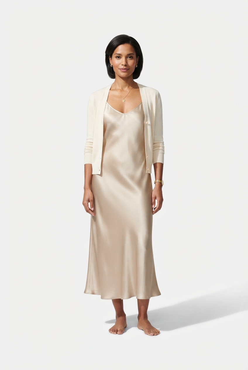 Champagne satin cowl-neck slip dress