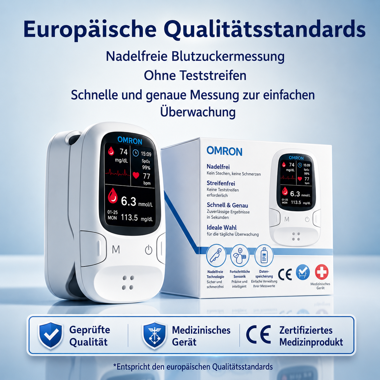 🩸 Nadelfreies Blutzuckermessgerät – Omron | Schmerzfreie Blutzuckerkontrolle zu Hause 📊