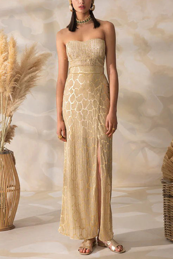 Martini Nights Bronzing Fabric High Rise Slit Maxi Sukňa