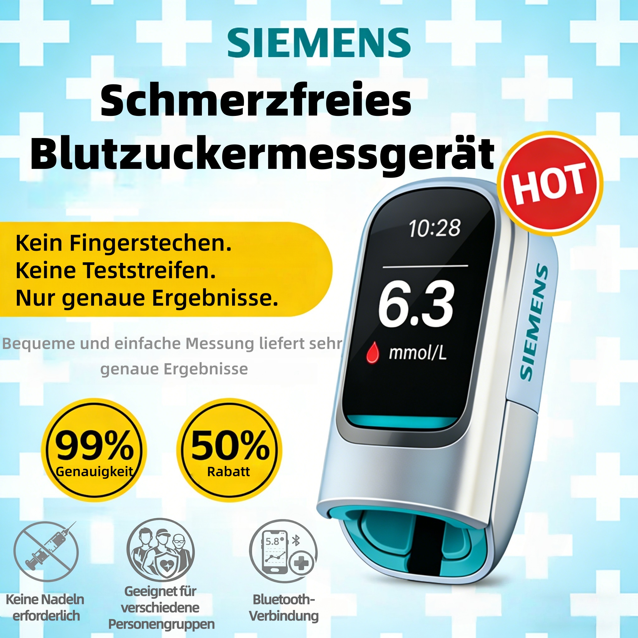 🔥 Fortschrittliche deutsche Technologie 2026 🔥 Nicht-invasives smartes Blutzuckermessgerät von Siemens™: Schnelle, schmerzfreie und nadellose Messung des Blutzuckerspiegels 🔥