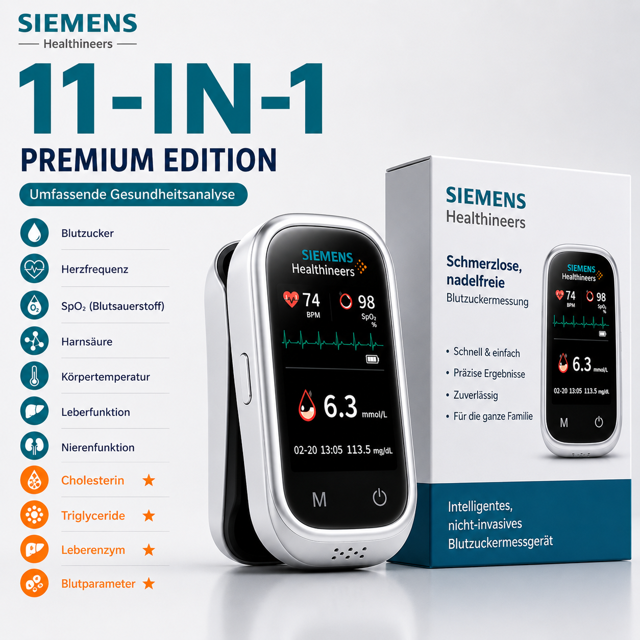 🩸 Siemens™ 11-in-1 Stichfreies Blutzuckermessgerät Ohne Stechen • Keine Teststreifen • Ergebnisse in nur 5 Sekunden