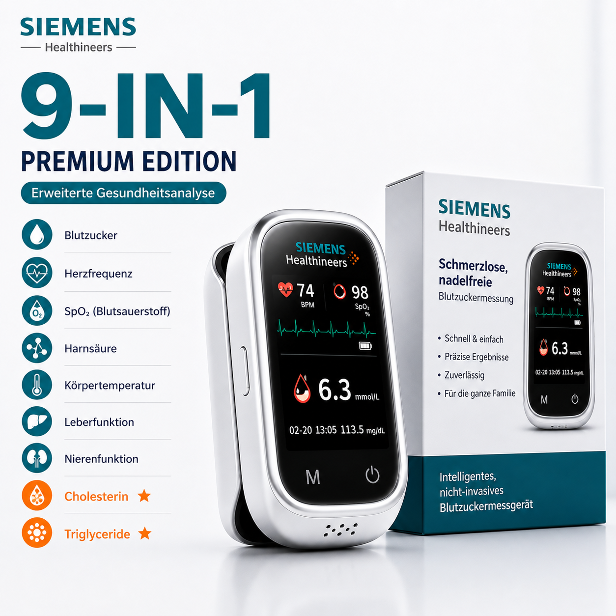 🩸 Siemens™ 11-in-1 Stichfreies Blutzuckermessgerät Ohne Stechen • Keine Teststreifen • Ergebnisse in nur 5 Sekunden