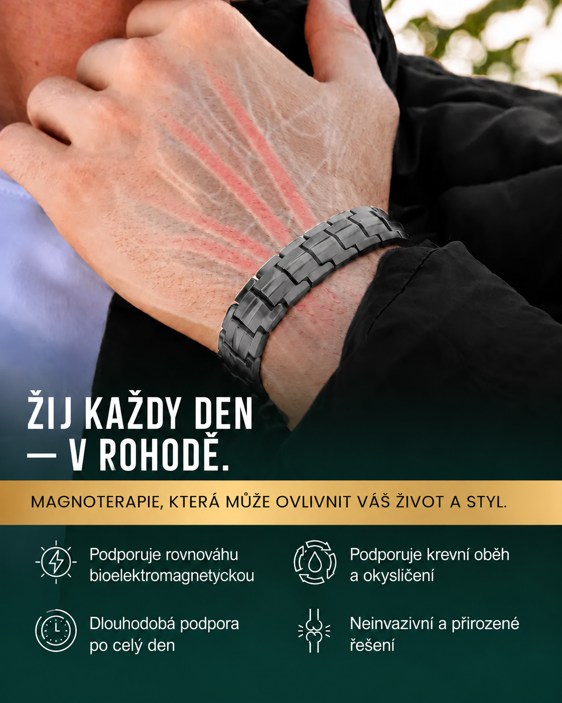 MagnetRX® Pánský magnetický náramek – magnety o 5krát silnější než model EllipseMAX s intenzitou 5000 Gaussů – americký design a patentovaný systém – prémiový titanový pánský magnetický náramek s nastavitelnou délkou