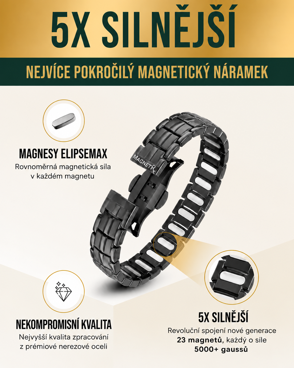 MagnetRX® Pánský magnetický náramek – magnety o 5krát silnější než model EllipseMAX s intenzitou 5000 Gaussů – americký design a patentovaný systém – prémiový titanový pánský magnetický náramek s nastavitelnou délkou