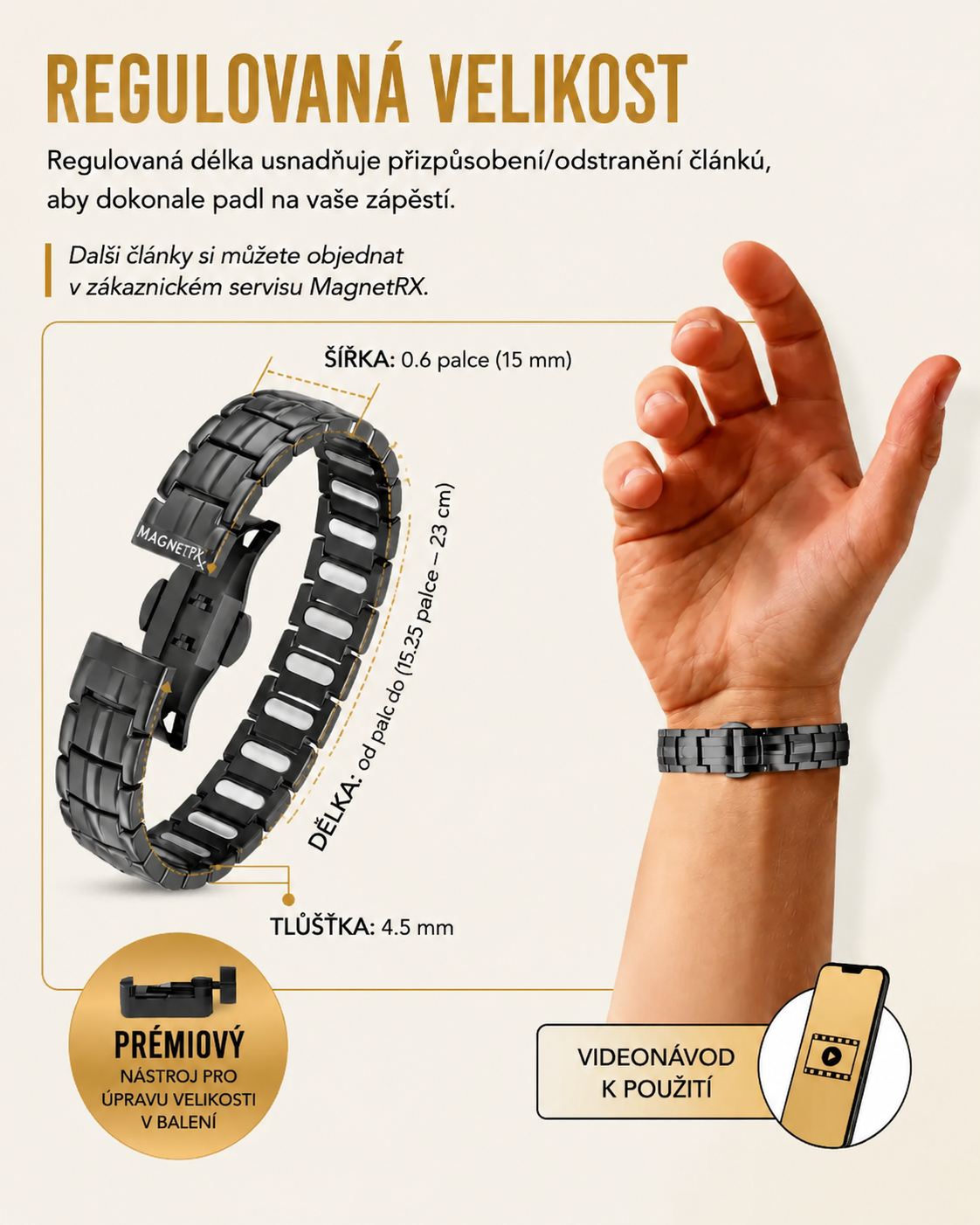 MagnetRX® Pánský magnetický náramek – magnety o 5krát silnější než model EllipseMAX s intenzitou 5000 Gaussů – americký design a patentovaný systém – prémiový titanový pánský magnetický náramek s nastavitelnou délkou