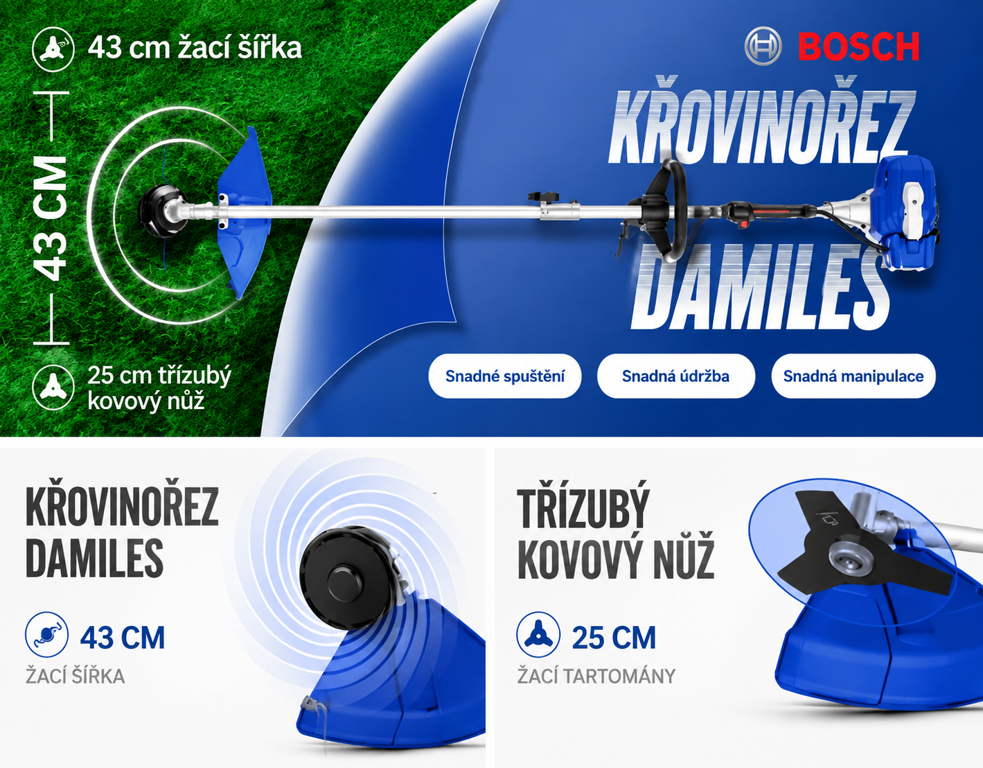 BOSCH 3 v 1 sekačka trávy / okrajová sekačka, šířka řezu 43 cm, křovinořez s řezným záběrem 25 cm, gumová rukojeť a ramenní popruh, 2 baterie v balení.