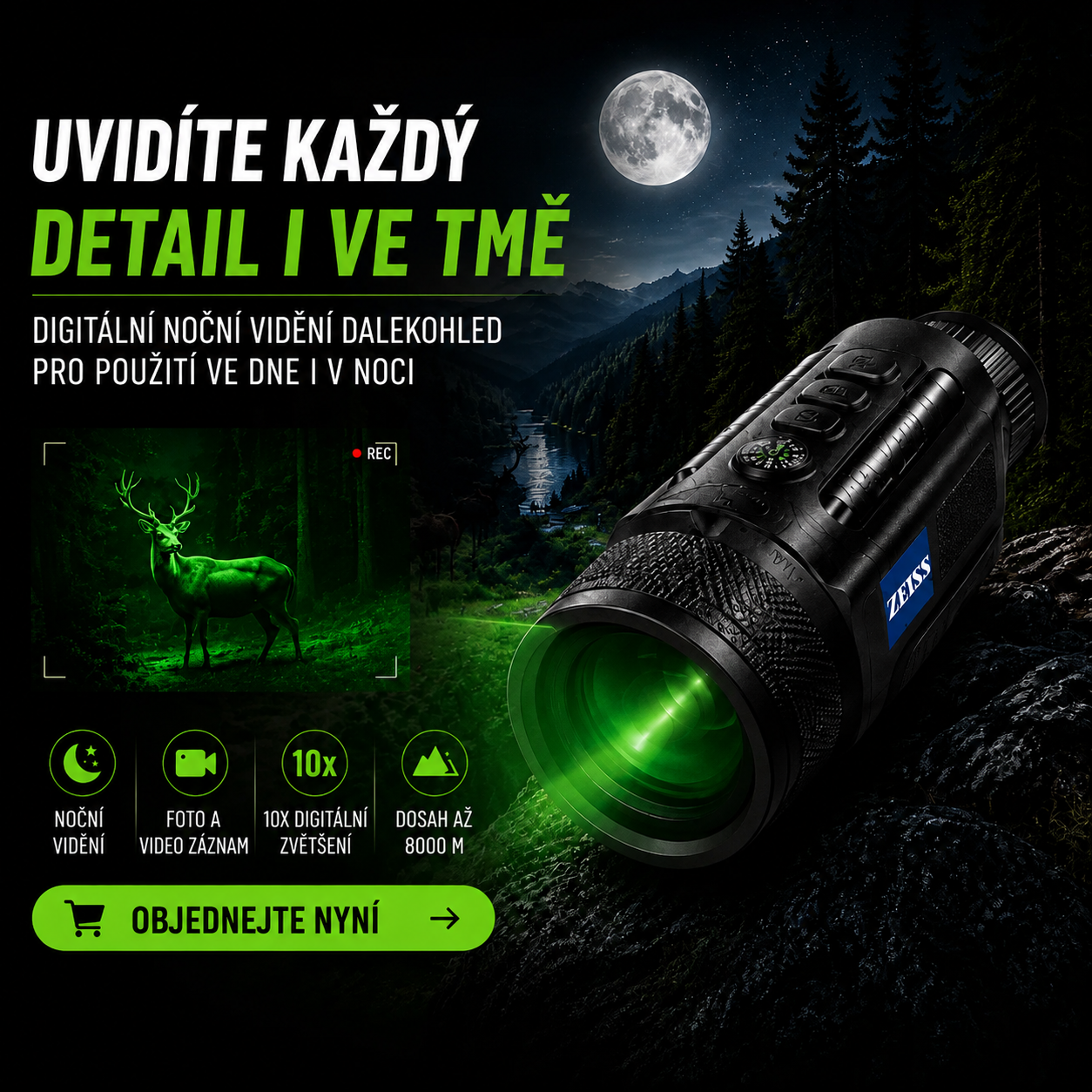 Uvidíte každý detail i ve tmě | Zeiss 10× HD digitální dalekohled pro noční vidění  Dosah infračerveného nočního vidění až 8000 m · 1080P HD obraz · Použití ve dne i v noci
