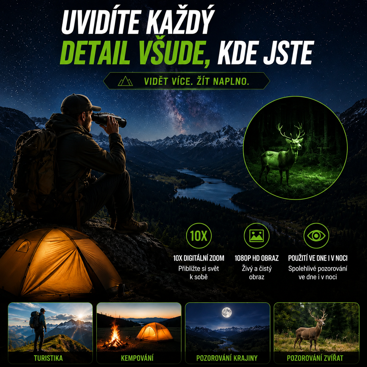 Uvidíte každý detail i ve tmě | Zeiss 10× HD digitální dalekohled pro noční vidění  Dosah infračerveného nočního vidění až 8000 m · 1080P HD obraz · Použití ve dne i v noci
