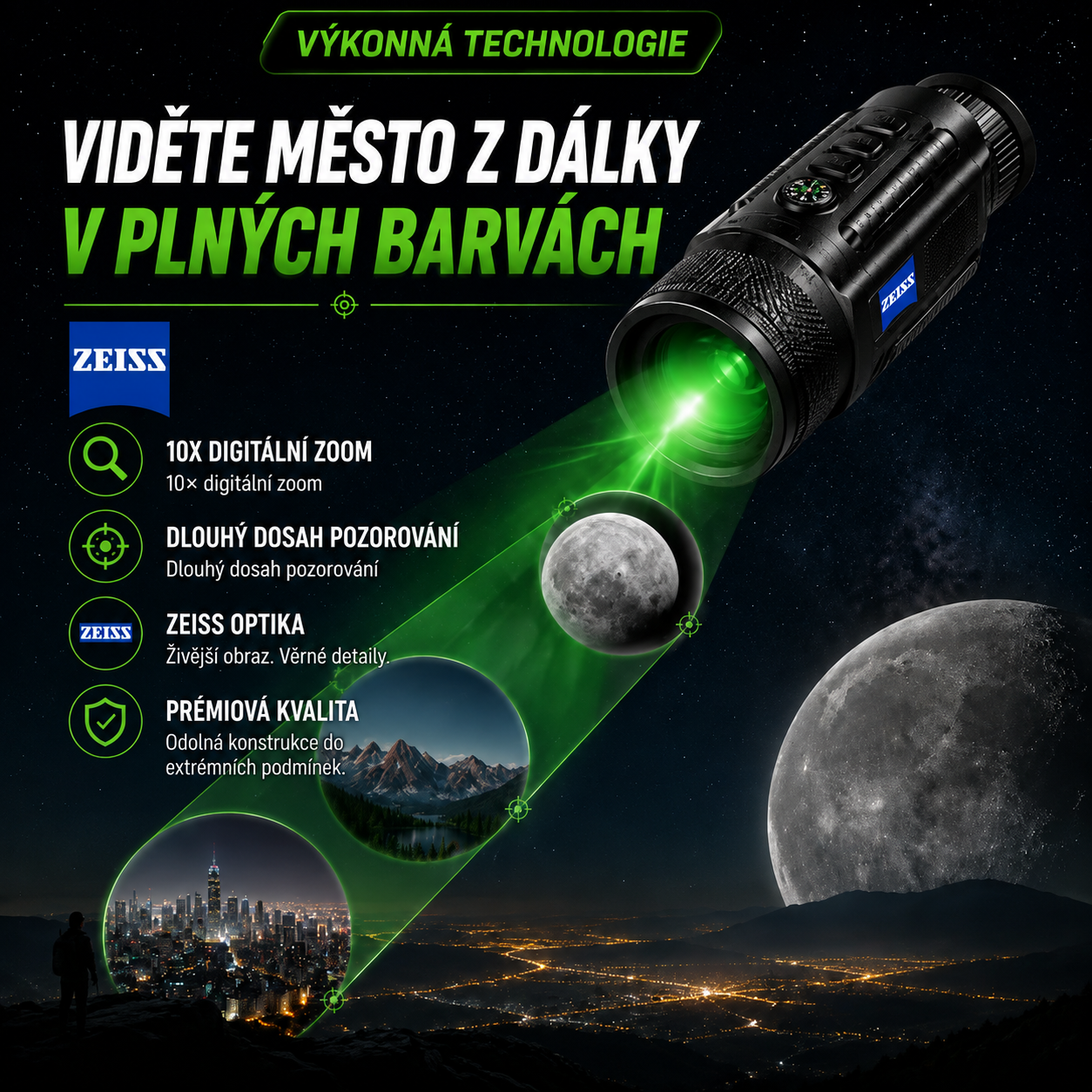 Uvidíte každý detail i ve tmě | Zeiss 10× HD digitální dalekohled pro noční vidění  Dosah infračerveného nočního vidění až 8000 m · 1080P HD obraz · Použití ve dne i v noci