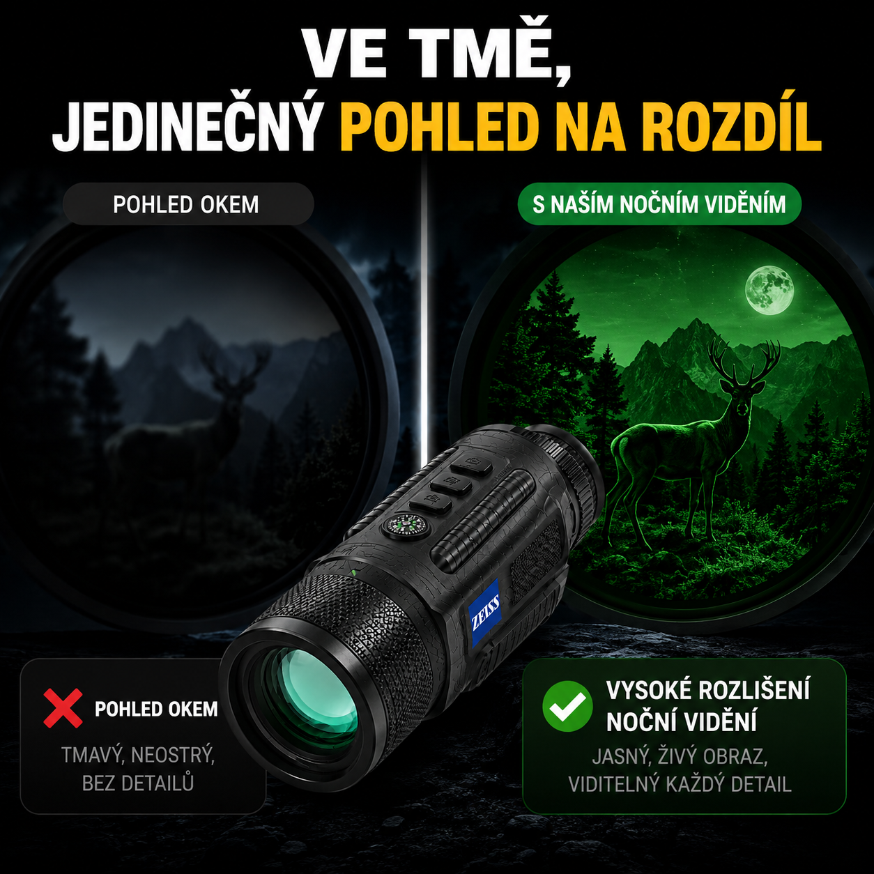 Uvidíte každý detail i ve tmě | Zeiss 10× HD digitální dalekohled pro noční vidění  Dosah infračerveného nočního vidění až 8000 m · 1080P HD obraz · Použití ve dne i v noci