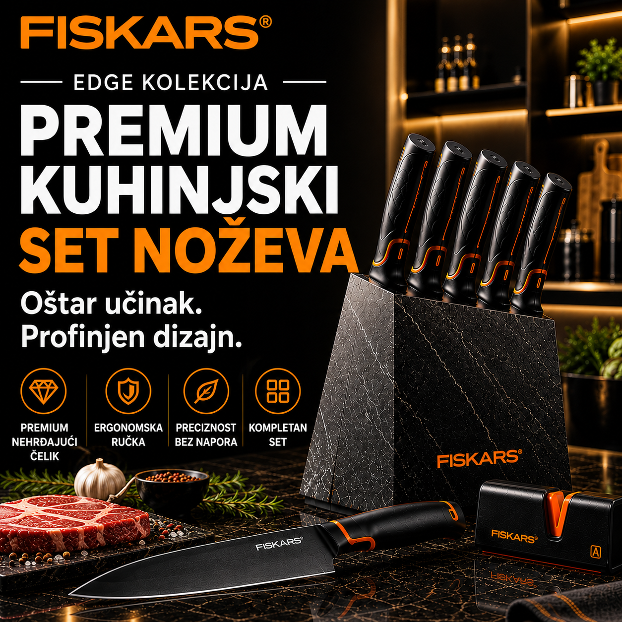 👩‍🍳👩‍🍳Ograničeno izdanje: FISKARS® set noževa od 5 dijelova (s blokom za noževe) – serija FISKARS EDGE, oštri kuhinjski noževi + oštrač🔪🔪