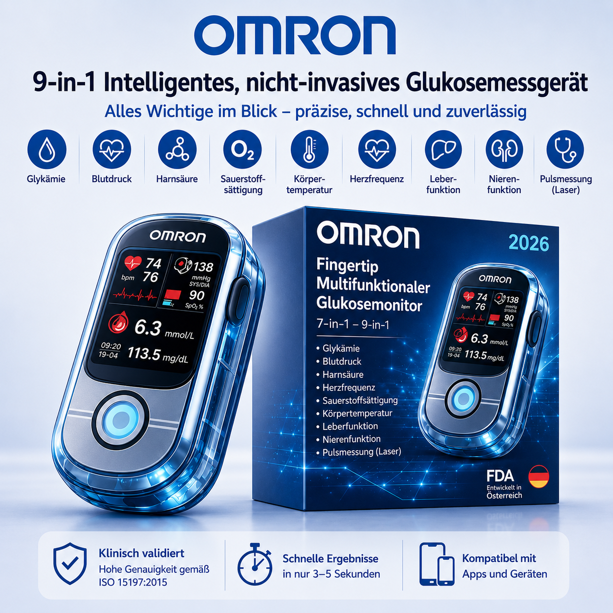 Nie mehr🔥 Nadeln und Schmerzen! 🔥| Omron™ Nicht-invasives Blutzuckermessgerät – Einfache und genaue Blutzuckermessung, egal wo Sie sind 🔥