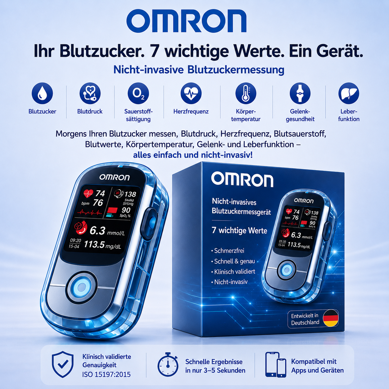 Nie mehr🔥 Nadeln und Schmerzen! 🔥| Omron™ Nicht-invasives Blutzuckermessgerät – Einfache und genaue Blutzuckermessung, egal wo Sie sind 🔥