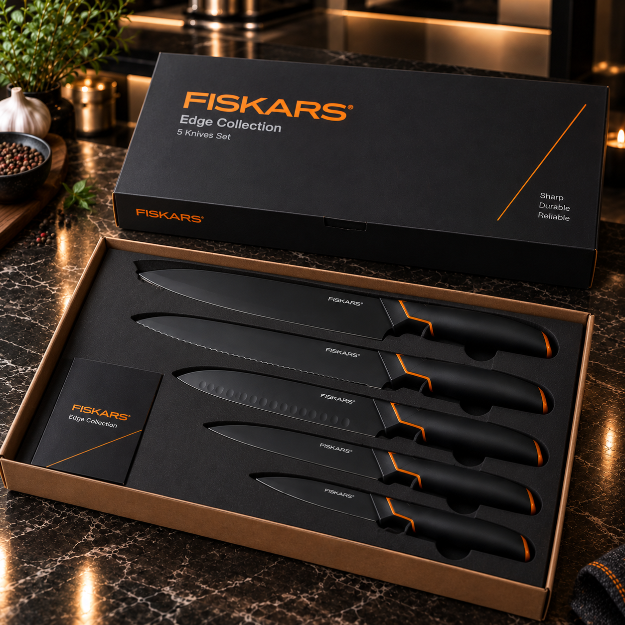👩‍🍳👩‍🍳Ograničeno izdanje: FISKARS® set noževa od 5 dijelova (s blokom za noževe) – serija FISKARS EDGE, oštri kuhinjski noževi + oštrač🔪🔪