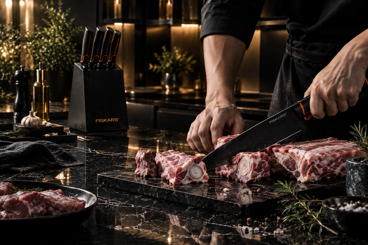 Knife cutting meat on a wooden chopping board