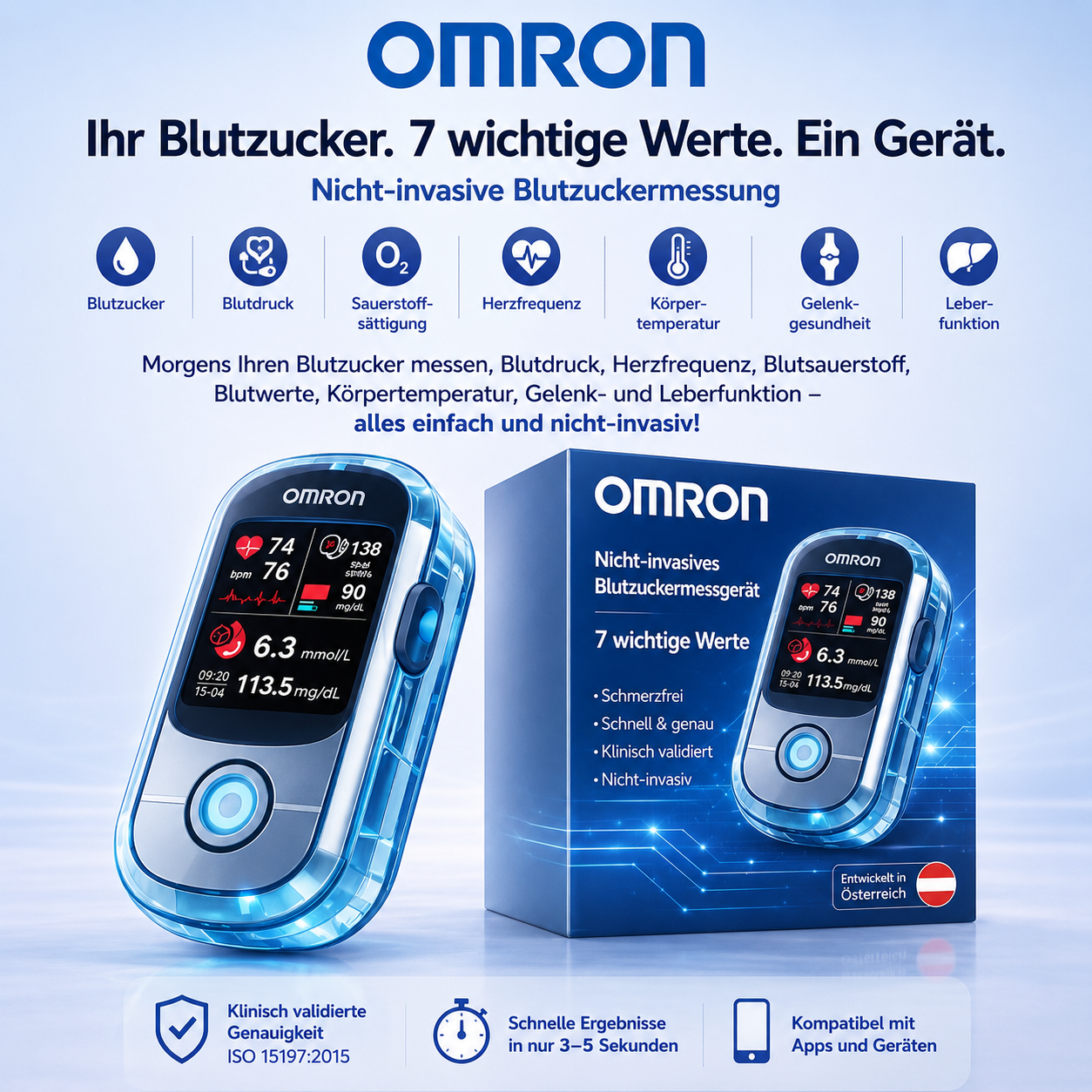 Nie mehr Nadeln und Schmerzen! 🔥 | Omron™ Nicht-invasives Blutzuckermessgerät – Einfache und genaue Blutzuckermessung, egal wo Sie sind 🔥