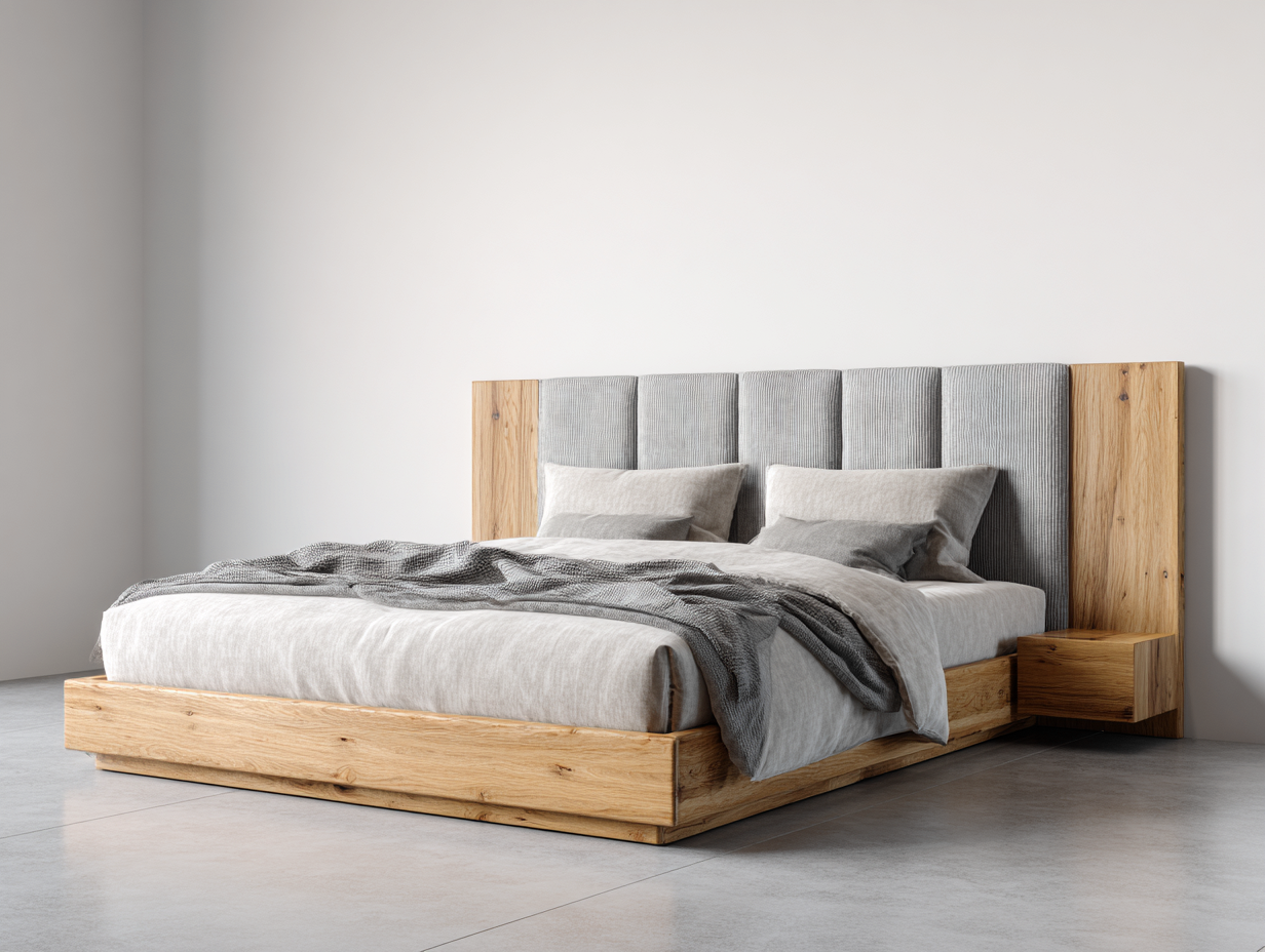 Doppelbett Holz mit gepolstertem Kopfteil 220x210x105 cm - Natur-Grau - für Schlafzimmer-Ninorodwell