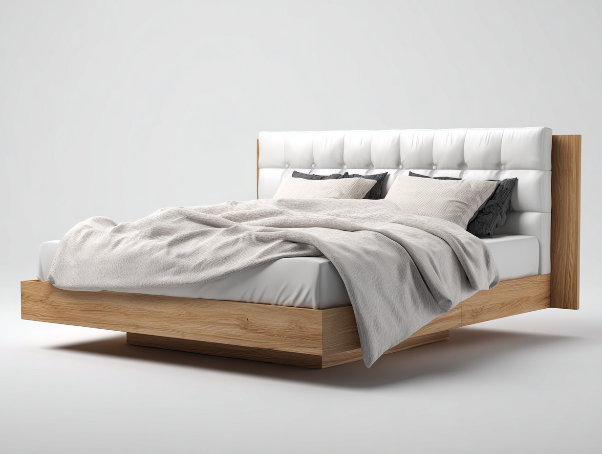 Doppelbett Holz und Polster 210x180x118 cm - Naturholz-Weiß - Modernes Design für Schlafzimmer-Ninorodwell