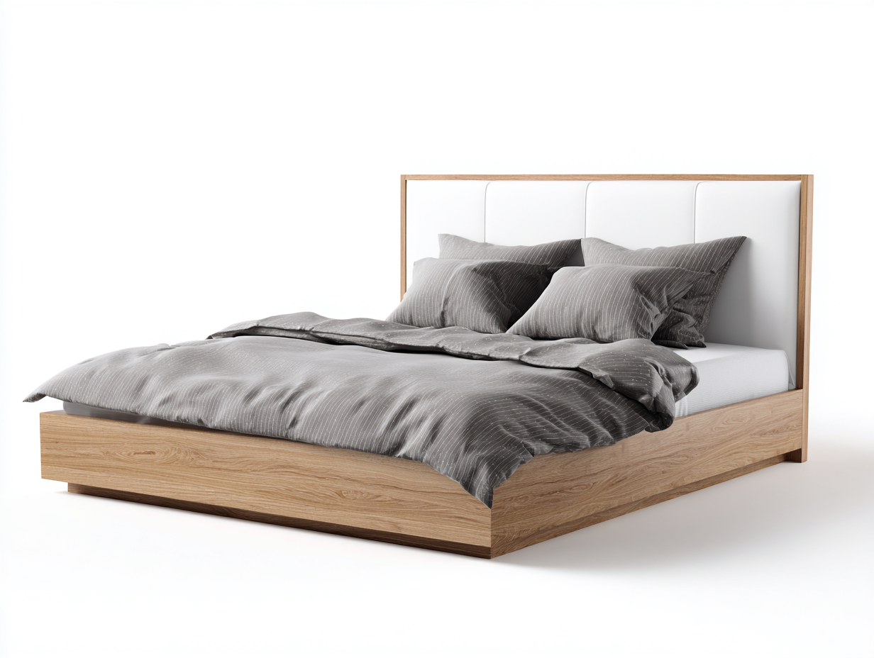 Doppelbett Holz Kunstleder 215x190x118 cm - Natur-Weiß - mit gepolstertem Kopfteil im modernen Design-Ninorodwell