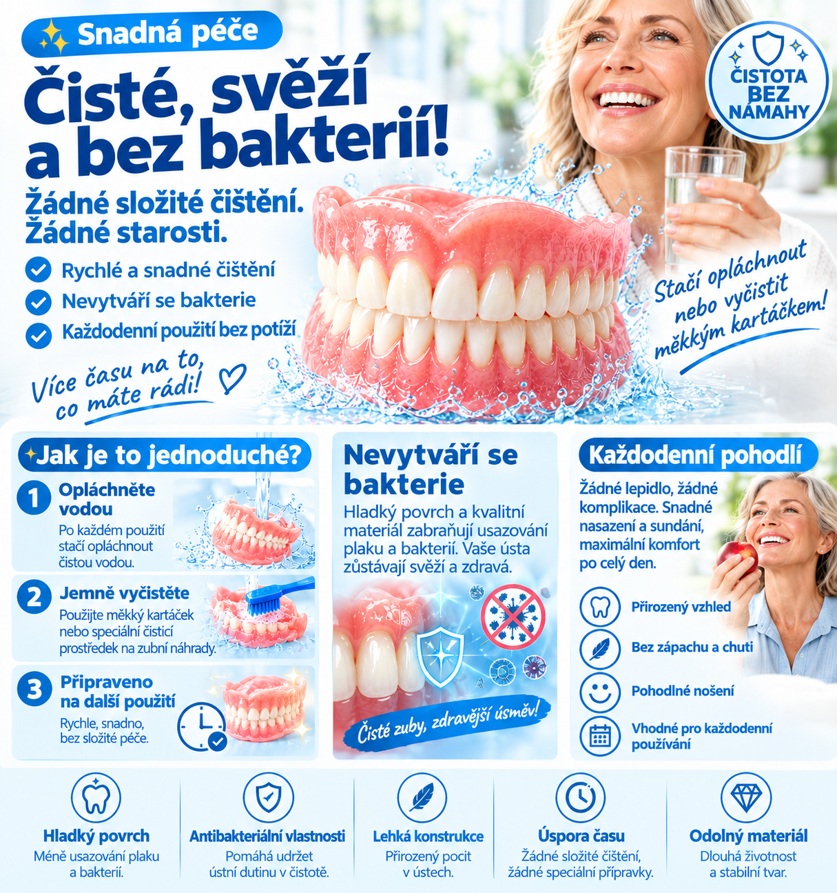 Pohodlná, jednodílná a vyjímatelná zubní náhrada, která perfektně sedí a snadno se čistí.