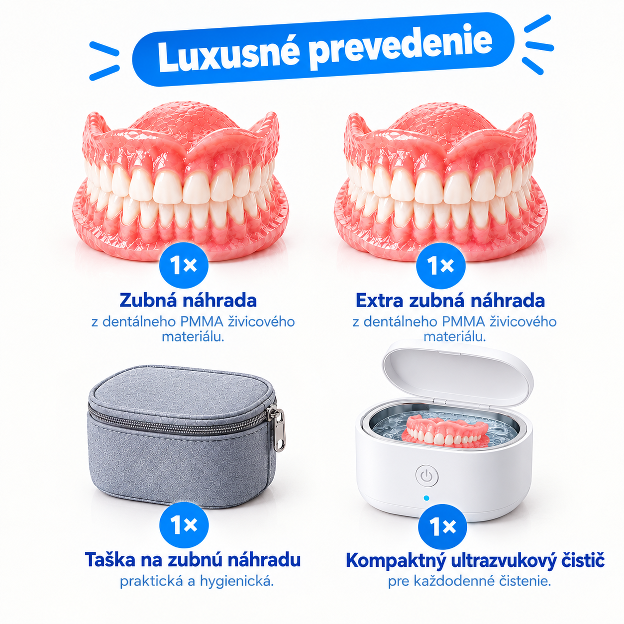 Zubné náhrady z dentálnej PMMA živice – prirodzený odtieň, vysoká odolnosť a pohodlné prispôsobenie ústnej dutine.