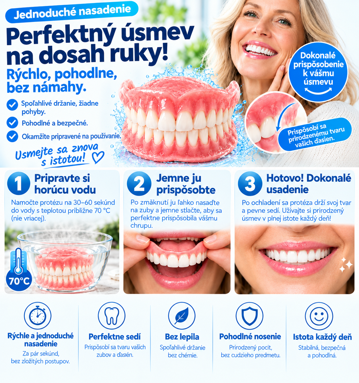 Zubné náhrady z dentálnej PMMA živice – prirodzený odtieň, vysoká odolnosť a pohodlné prispôsobenie ústnej dutine.